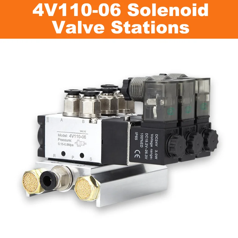 4V110-06 Solenoid Valve Manifold 5/2 Way Pneumatic Valve AC220V DC24V AC110V DC12V Series with Inlet/outlet port thread Fittings