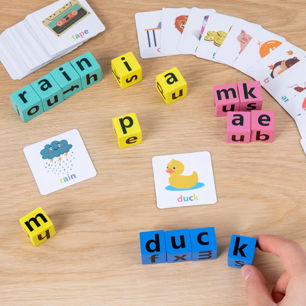 Flashcard di alfabetizzazione Carte di apprendimento per bambini in legno Blocco di ortografia di lettere Parole inglesi Gioco di puzzle di carte Gioco di ortografia dell'alfabeto