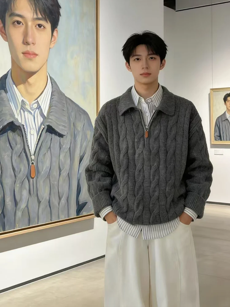 

Мужской зимний утепленный трикотажный свитер на молнии в американском стиле, корейский стиль, для ношения под одеждой, базовый слой