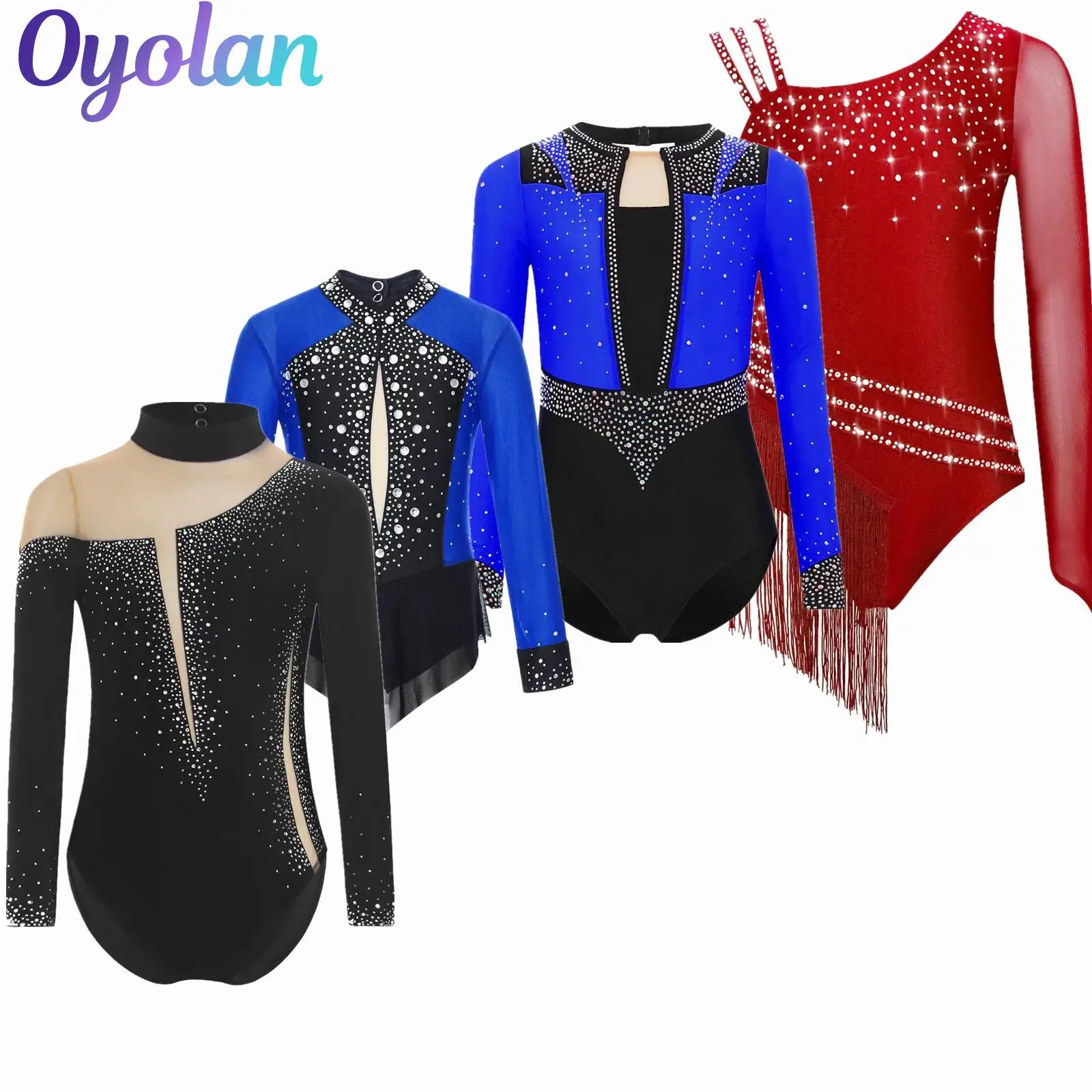 

Kids Girls Sparkly Rhinestones Gymnastics Ballet Leotard Figure Skating Costume Long Sleeve Keyhole Back Sheer Mesh Bodysuit