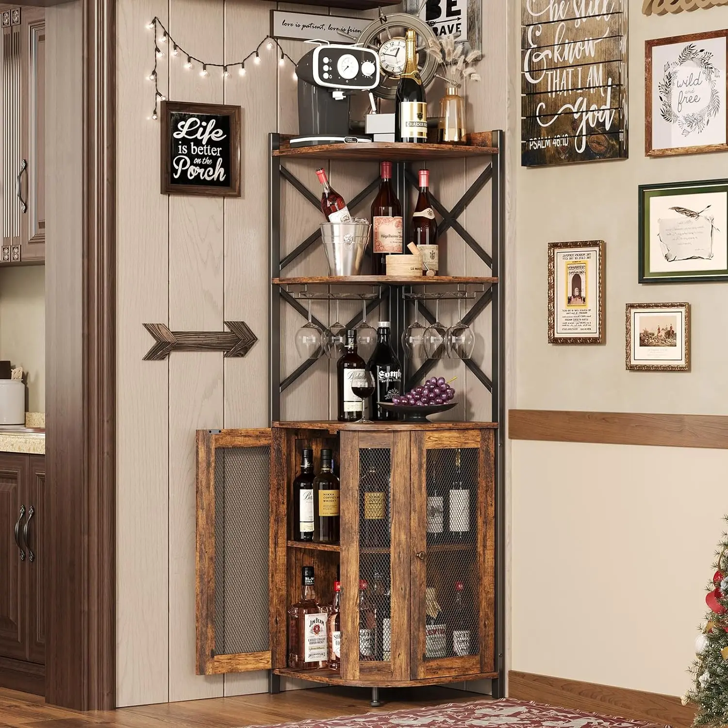 Corner Bar Cabinet with LED Lights, 5-Tier Industrial Wine Cabinet with Glass Holder, Industrial Liquor Cabinet