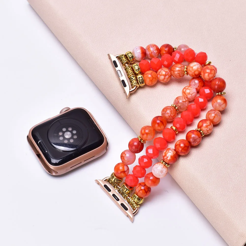 Orange Onyx Crystal Apple Watch Band 38mm 40mm 41mm 42mm 44mm 45mm Natural Stone Beaded Bracelet Strap for Iwatch Series 1-SE