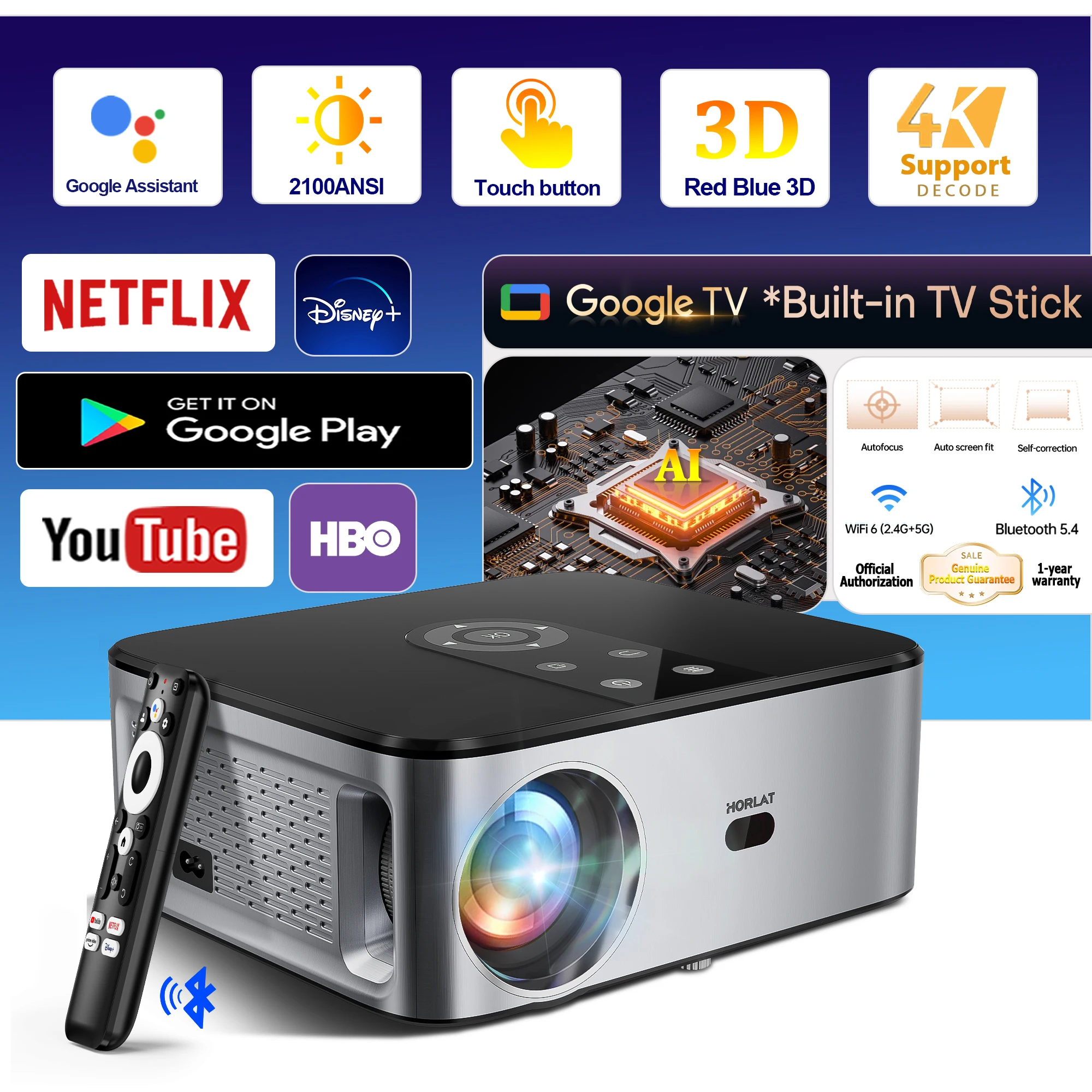 HORLAT 40000Lumenes LCD Projector 4K 8K Decode Home Theater Android 11 System 2000ANSI Full HD 1080P Video Auto Keystone 5G WiFi