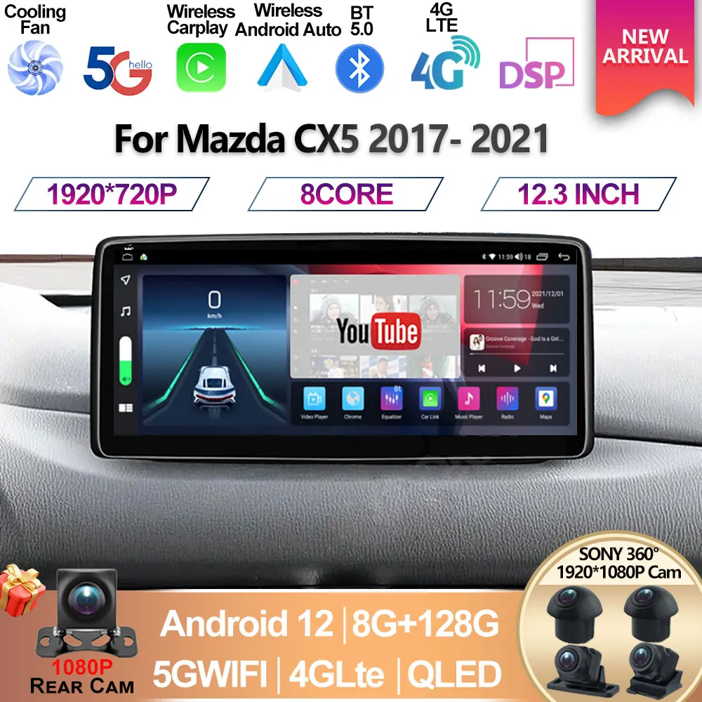 

For Mazda CX5 CX-5 CX 5 2017-2021 1920*720 QLED Android 12 Screen Multimedia Video Player CarPlay Car Radio Autoradio 8G+128GB