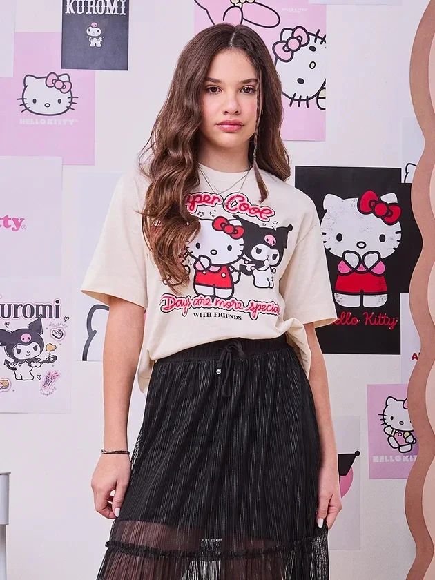 2026 Summer Hello Kitty Best Friend Style Cotton Printed Oversized Loose T-shirt for Adults, Children and Parents Y2k