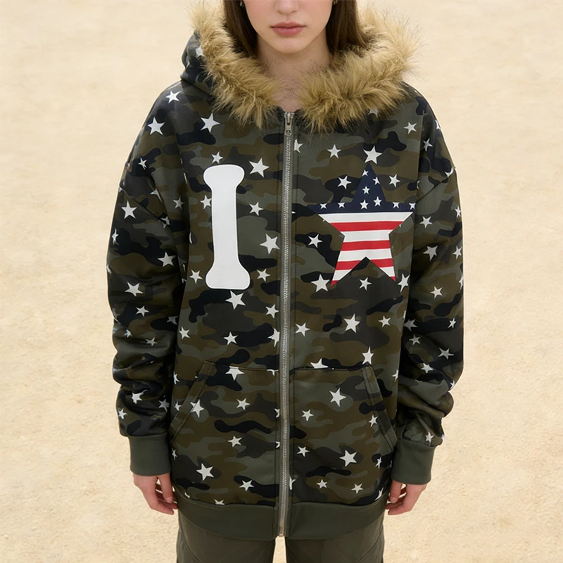 Autumn and winter new y2k style camouflage star printed pattern hoodie fashionable street men's and women's casual jacket
