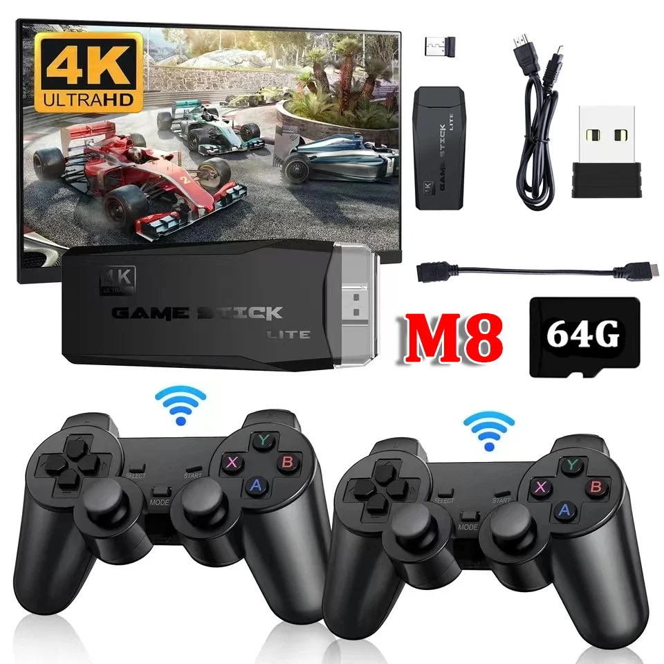 Videospiel sticks m8 Konsole 2,4g Dual Wireless Controller Game Stick 4k Spiele 64GB Retro-Spiel für Drops hipping Weihnachts geschenk