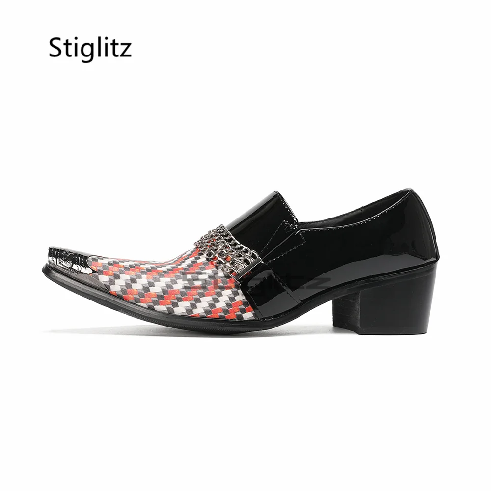 Men's High Heels Chain Leather Shoes Mixed Colors Dress Metal Pointed Toe Genuine Leather Slip On Oxford Business Party Shoes