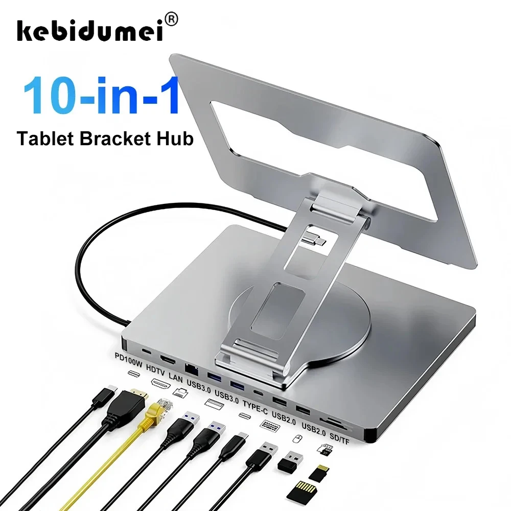 

10-in-1 Tablet Holder Docking Station USB C HUB 4K60Hz HD 1000Mbps Ethernet USB3.0 5Gbps Data Transfer PD100W for Tablet Phone
