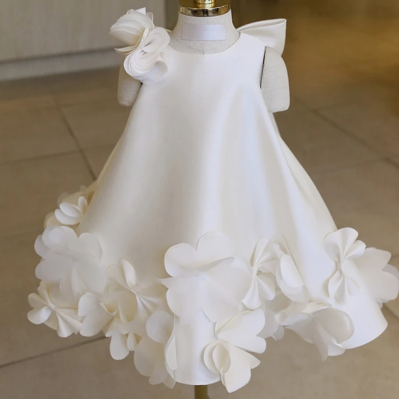 New Satin Baby Girl First Birthday Evening Dress Fashion Flower Girl Kids Princess Tutu Gown Costume Children Catch Week Party