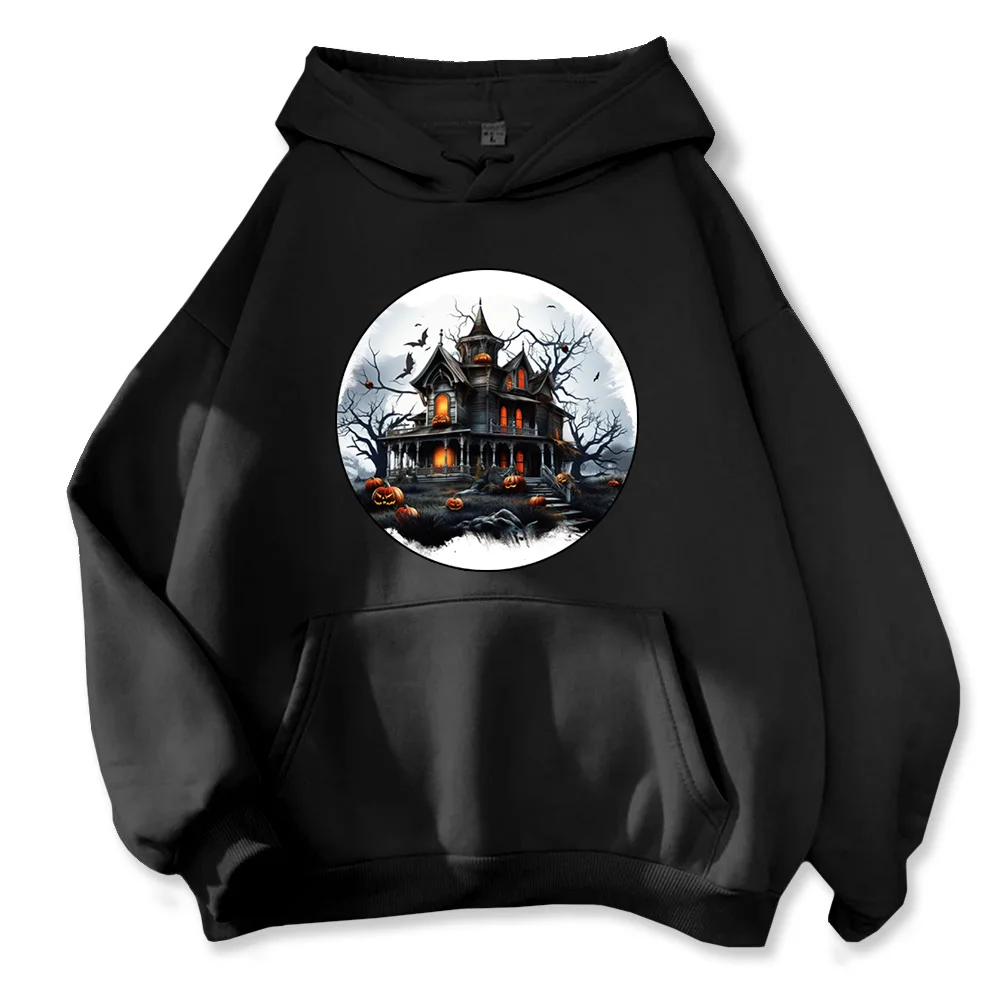 Old Casctle Witch Print Hoodie Trick or Treat Halloween Costume Funny Halloween Pumpkin Graphic Hoodie Casual Style Y2k Clothes