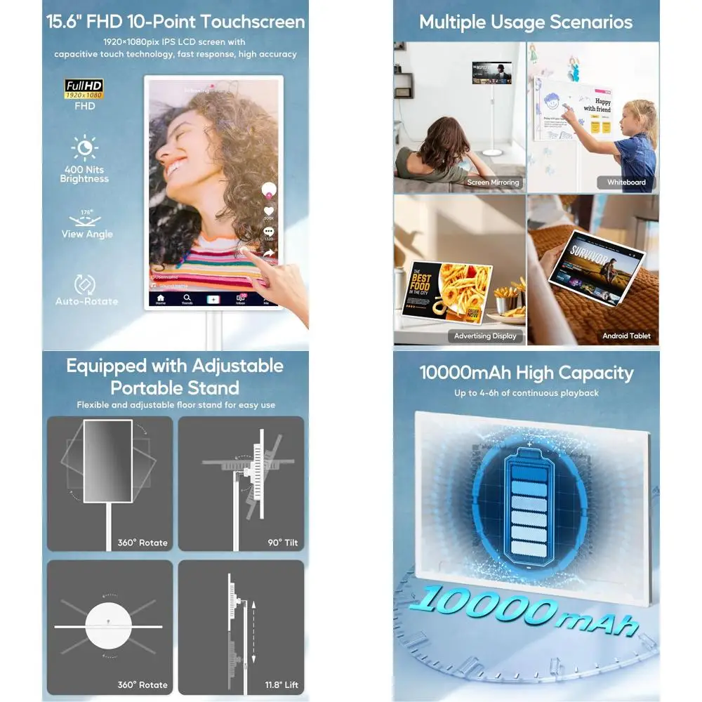 

15.6 Android 11 Digital Signage Monitor, 10000mAh Battery, Touchscreen, Adjustable Stand, Auto Play, Wireless Mirroring, 4GB+64G