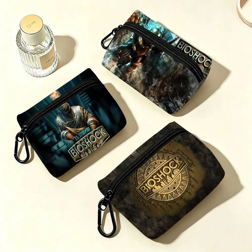 Mini portefeuille rétro B-Bioshock R-Rapture en tissu Oxford, design mousqueton, petit sac à monnaie pour cartes, clés, écouteurs