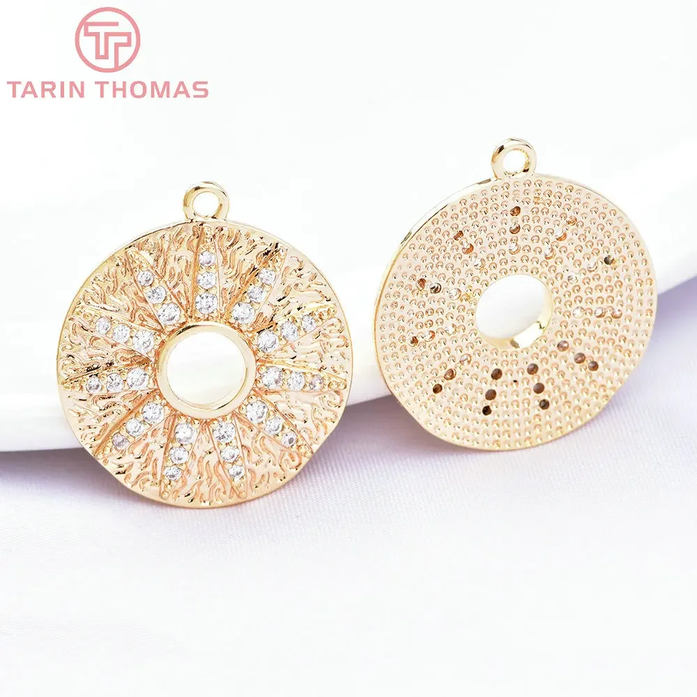 (6648) 2PCS 20MM 24K Gold Color Brass with Zircon Round Charms Pendants High Quality DIY Jewelry Making Findings Wholesale