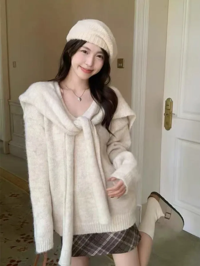 

Soft Cozy Long Sve Knitted Sweater Women's Loose Fit Autumn New Casual oulder Wrap Two Piece Set V Ne Color