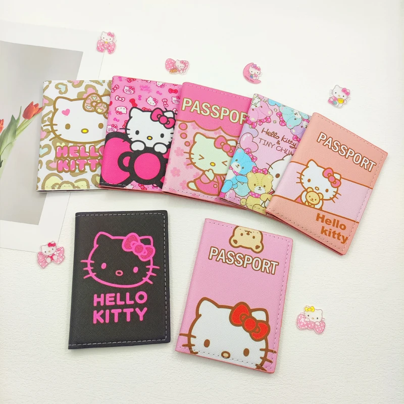 Pink Hello Kitty Passport Cover Sanrio Credit Card Holder Ladies PU Leather Business ID Card Bag Women Passport Holder Kids Gift