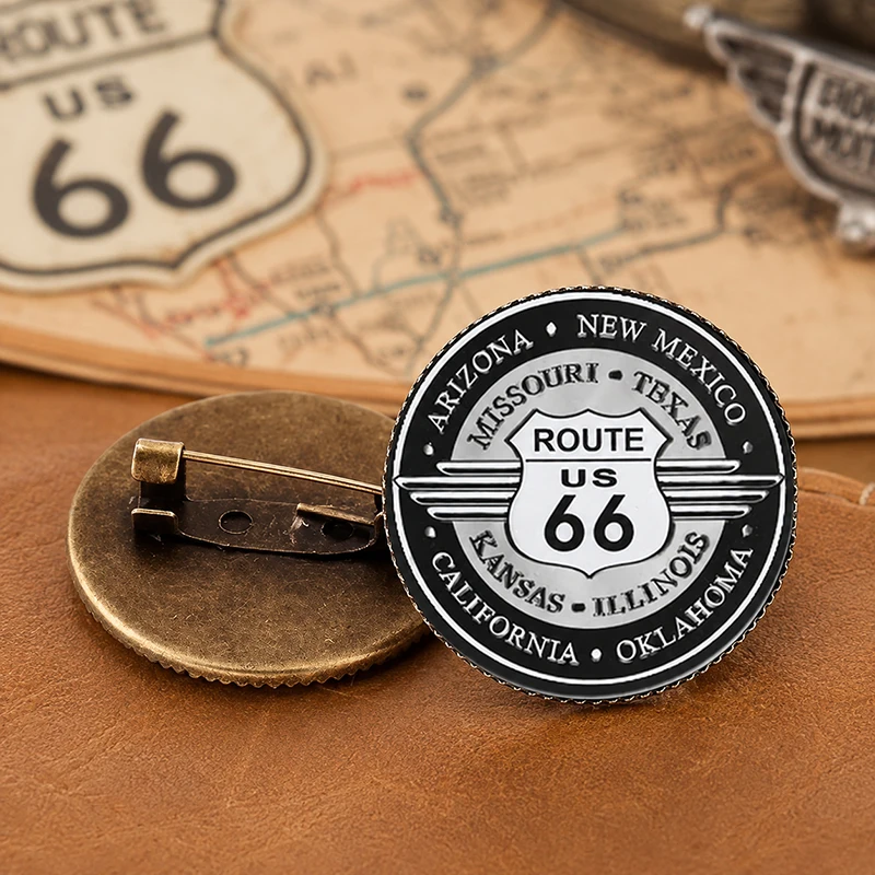 Classic USA High Way ROUTE 66 Brooch Pin Vintage Round Motorcycle Glass Brooches For Men Women