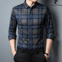 Korean Style Men's Slim Fit Plaid Button Down Shirt Man Long Sleeve Business Casual Shirt