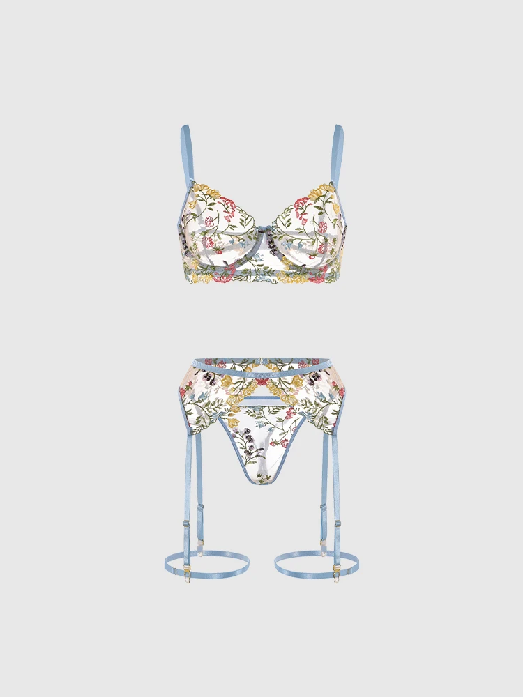 French Sexy Underwear Women Summer Floral Bra Garter Belt Thong Belt Leg Ring Three-Piece Set