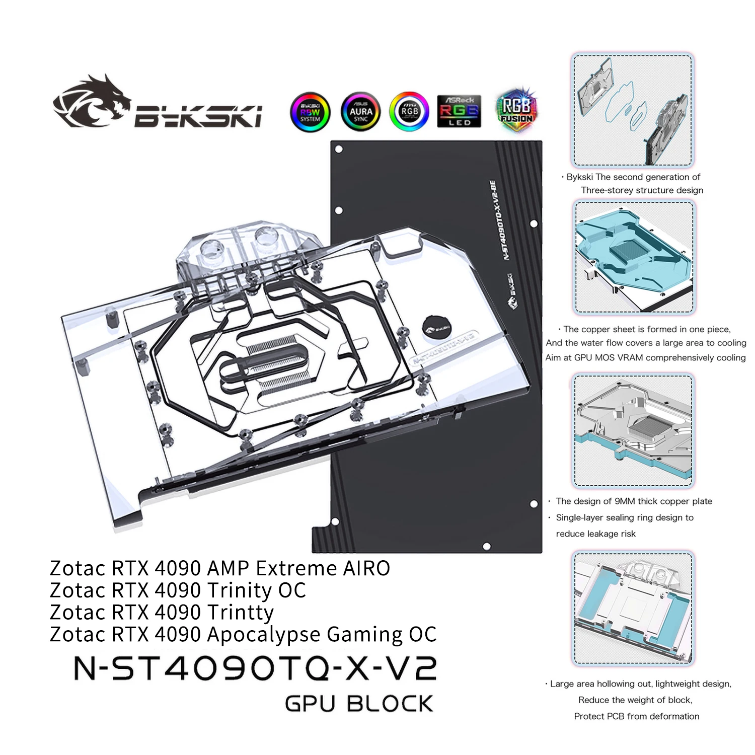 Bykski N-ST4090TQ-X-V2 GPU Water Cooling Block , For ZOTAC GAMING RTX4090 Apocalypse / AMP Extreme AIRO / Trinity OC