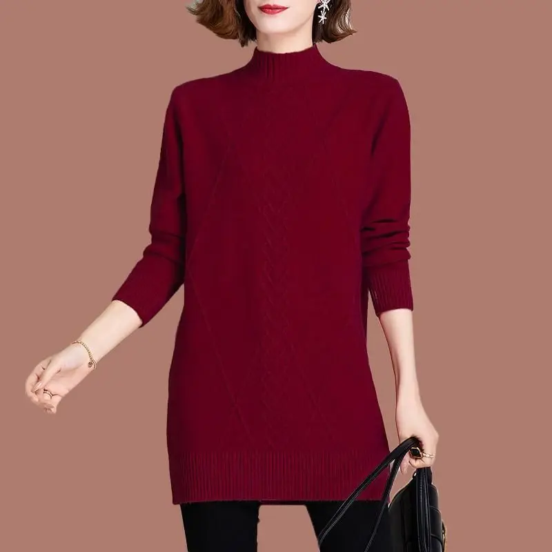 Mid Length Autumn and Winter Women\'s 2024 Pullover with Half High Collar Screw Thread Solid Color Knitted Long Sleeved Sweater