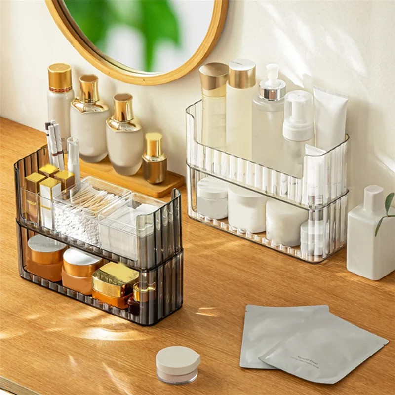 Organizador de vaidade transparente, bandeja de armazenamento de maquiagem empilhável, estojo de exibição de cosméticos, organizadores de maquiagem para vaidade, sob medida, fácil de u
