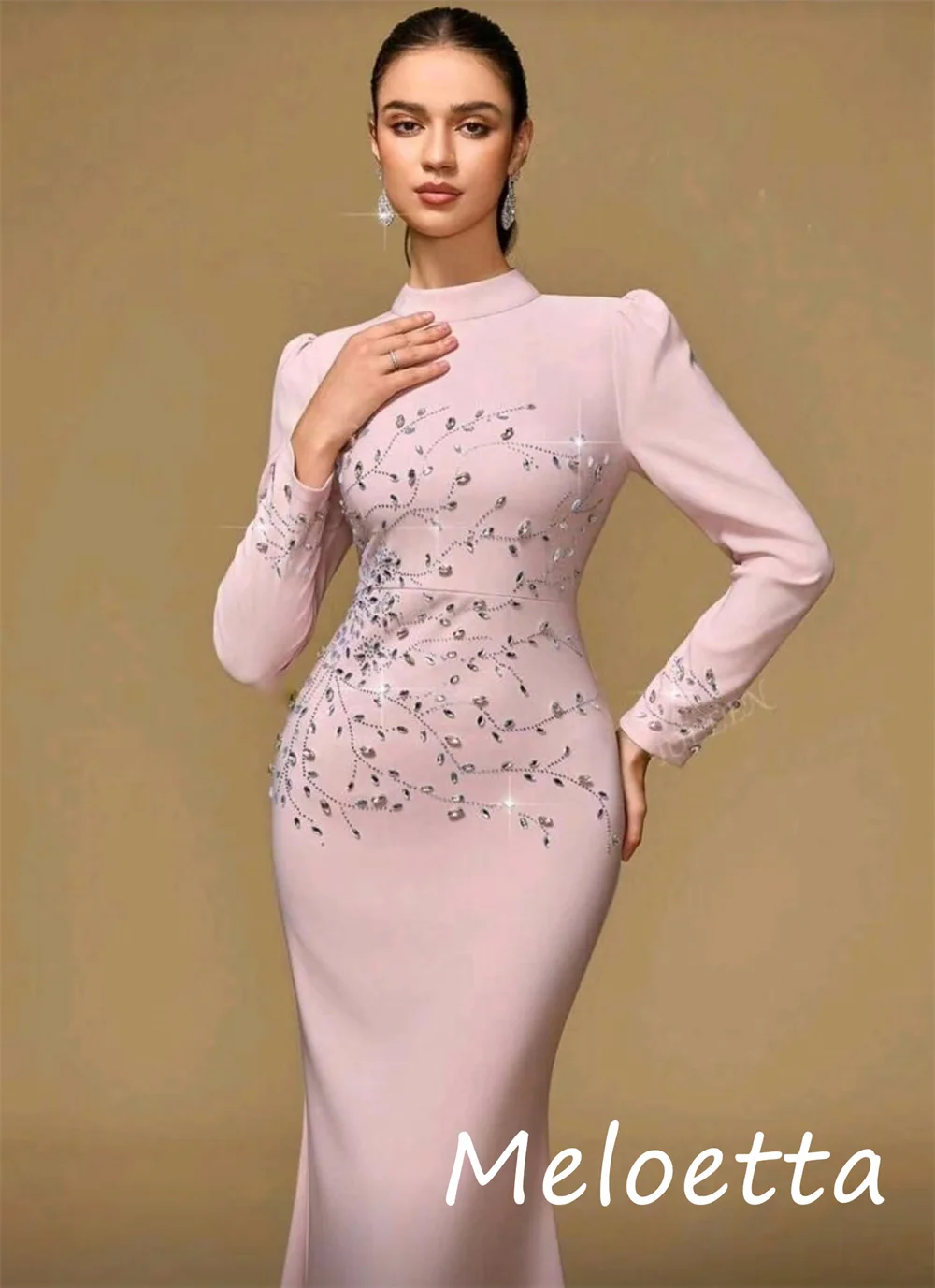 Aangepaste eenvoudige retro jersey lovertjes plooi trompet ronde hals midi-jurken op maat gemaakte gelegenheid voortreffelijk