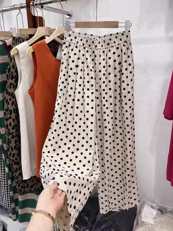 

Широкие брюки из хлопка и льна в горошек в стиле ретро, женские повседневные прямые брюки с высокой талией и девятью точками, удобные свободные брюки...