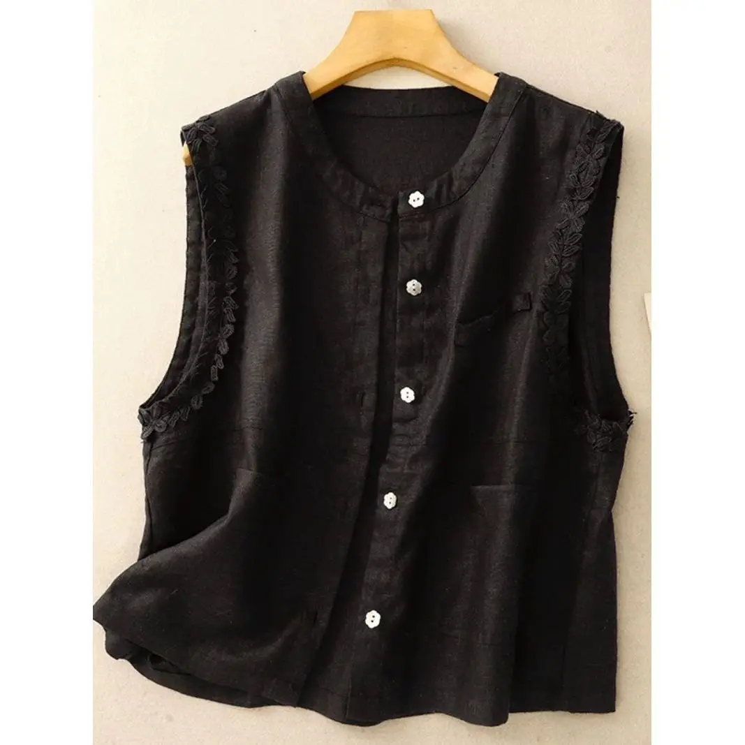 Slimming Effect Summer Cotton Linen Sleeveless Lace Trim Vest Tank Top Thin Style Garment for Women Regular Fit Single Button