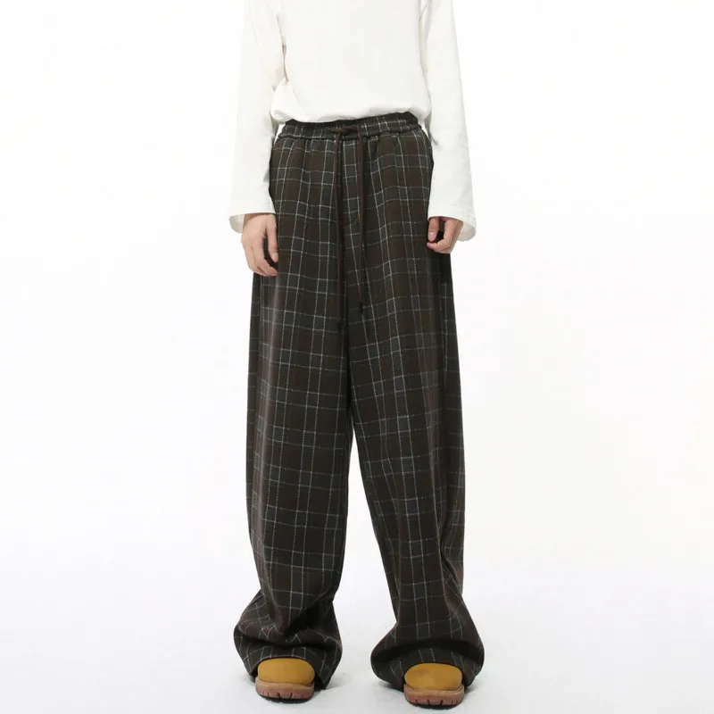 2025 Spring Simple Men's Sweatpants Casual Drwstring Wide Leg Plaid Bottom Elastic Waist Loose Straight Male Trousers