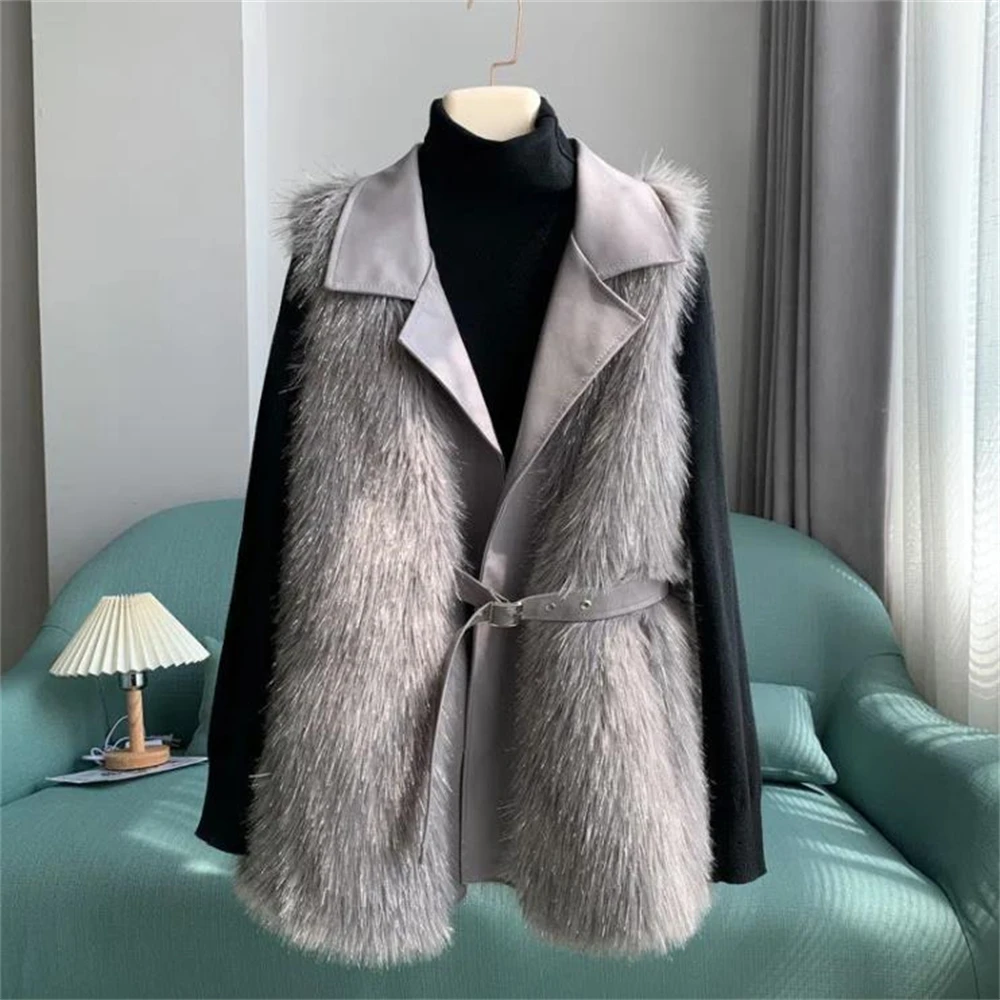 2024 Faux Fur Vest Coat Women Lapel Sleeveless Buckle Slim Pu Leather Outerwear Plush Fur One Piece Jacket Waistcoat Gilet Warm