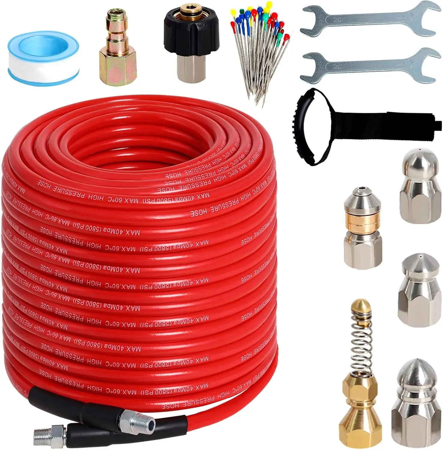 

Sewer Jetter Kit for Pressure Washer 200FT, 5800PSI Drain Cleaner Hose 1/4 Inch NPT Corner with 5 Sewer Jetting Nozzles，Waterpro
