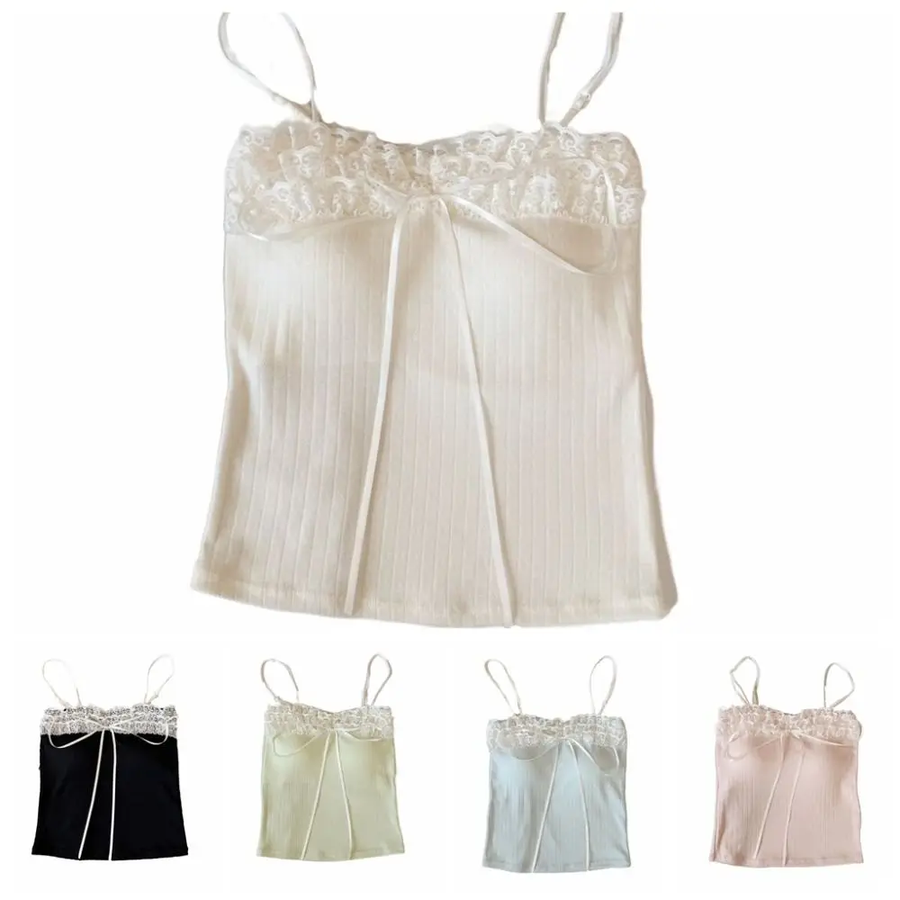 Modisches Schleifen-Slim-Spitzen-Crop-Top Süßes Unterhemd Mädchen-Weste Sommer-Camisole im Spice-Girls-Stil mit Polstern für Damen – Detail 2