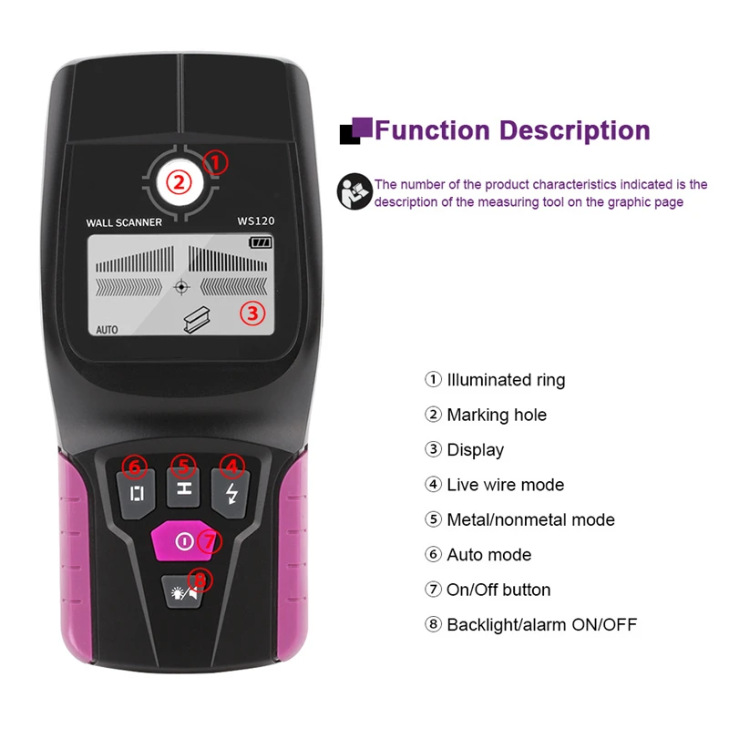 WS-120  Metal Detector Backlit Black AC Wood Stud Finder Cable Wires Depth Tracker Undeground Sturs Wall Scanner LCD HD Display