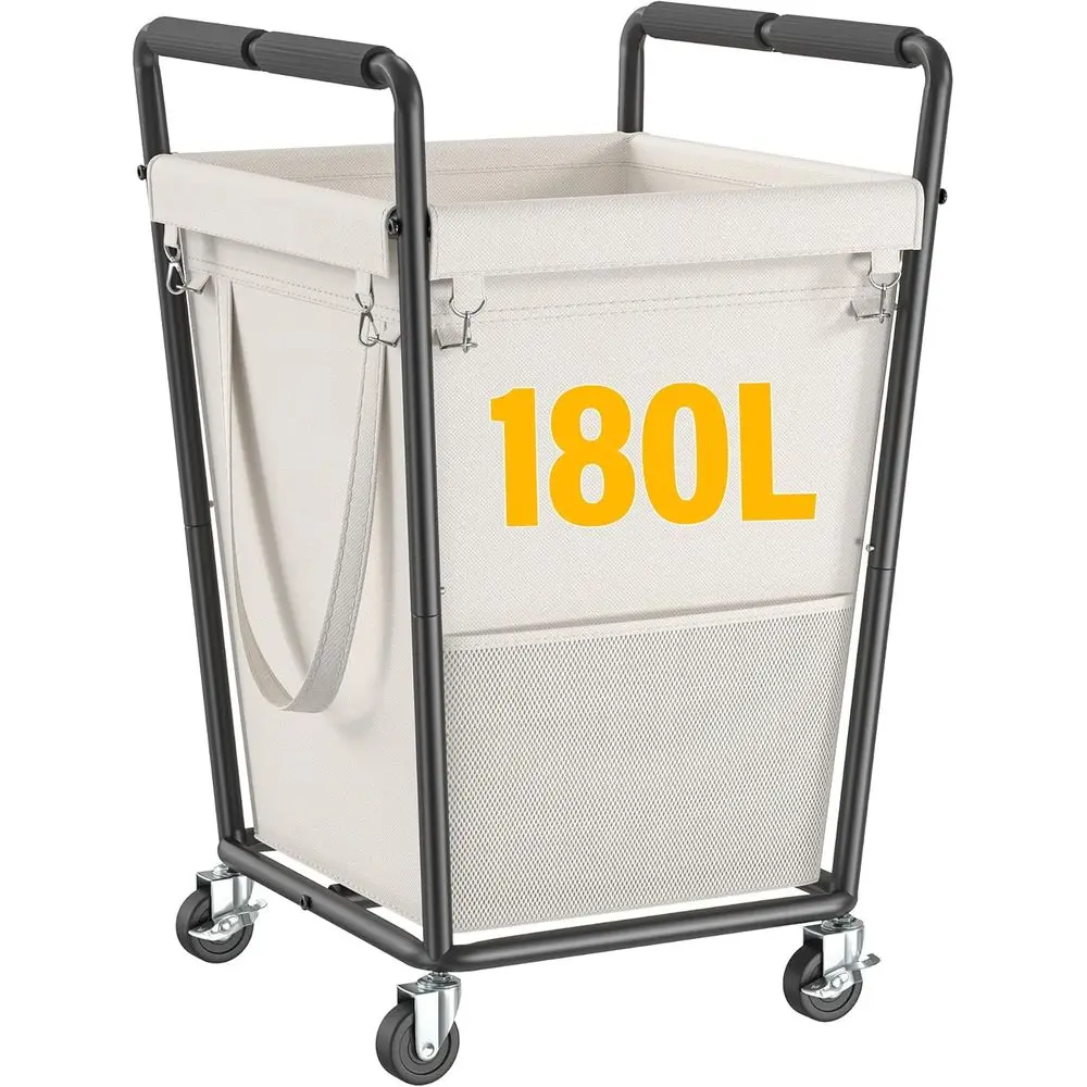 

Корзина для белья на колесиках 180 л с съемным мешком и металлическим каркасом для хранения и организации (бежевая)