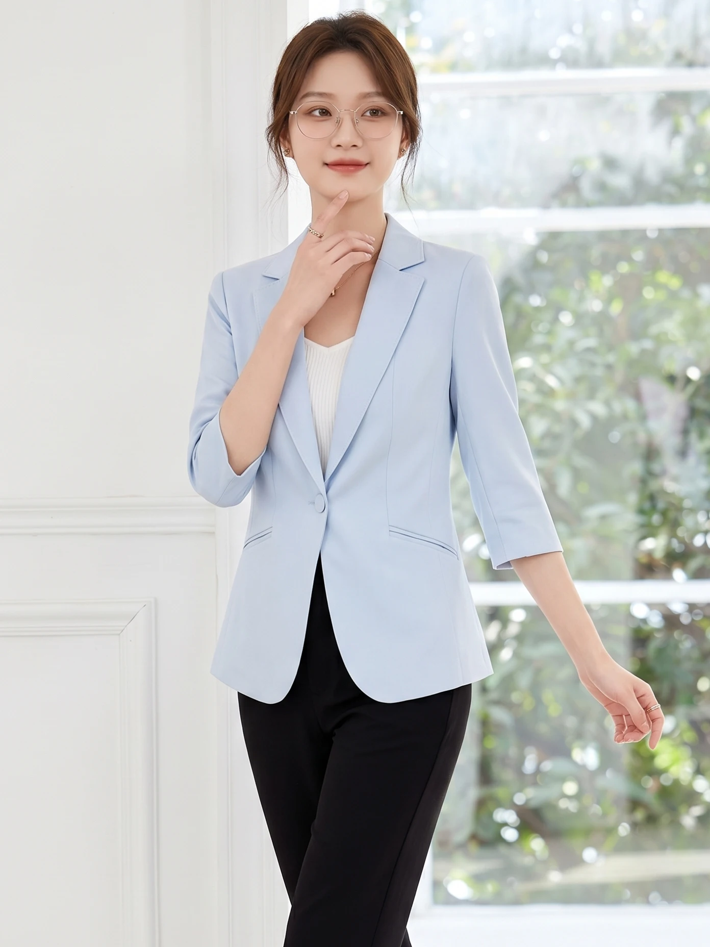 

Blue Women's Slim Fit Suit Jacket Summer 2026 New Style High Quality Personality Seven Sleeve Western Style Top