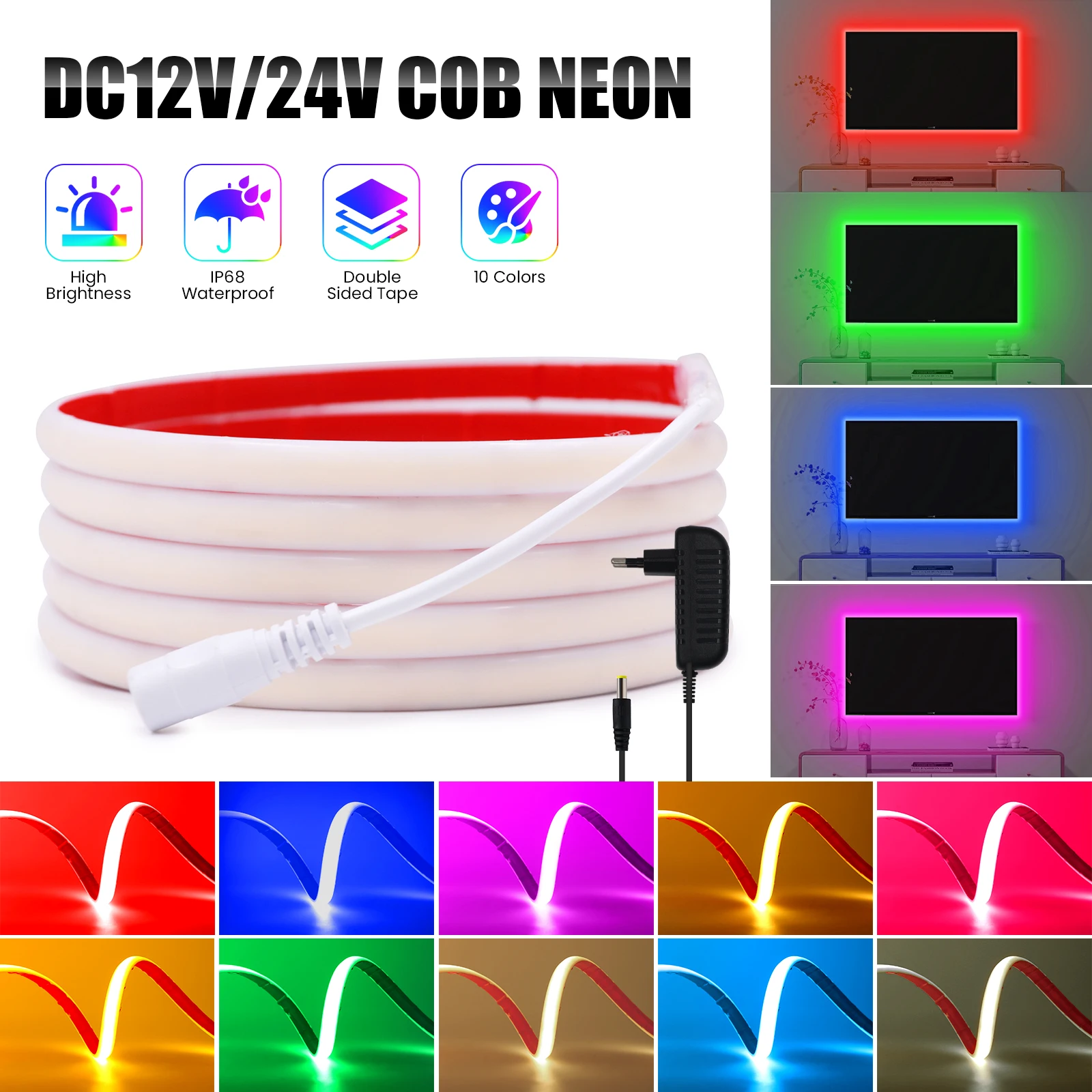 

DC12V COB LED Strip IP68 Waterproof 320LEDs/m Flexible Silicone Neon Light Adhesive FOB LED Tape 3000K 4000K 6000K Rope Lamp