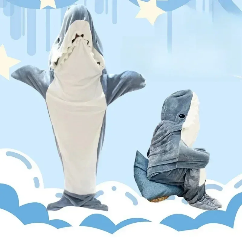 Wearable Shark Blanket Soft Plush Cartoon Animal Sleep Bag Hooded Stitch Onesies Flannel Winter Blanket Bedroom Accessories