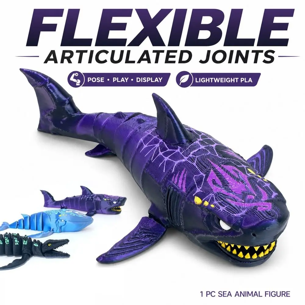 3D Printed Articulated Shark Figure Articulated Joints Mosasaur Whale Sea Animal Figure Flexible Design Marine Reptile Figure