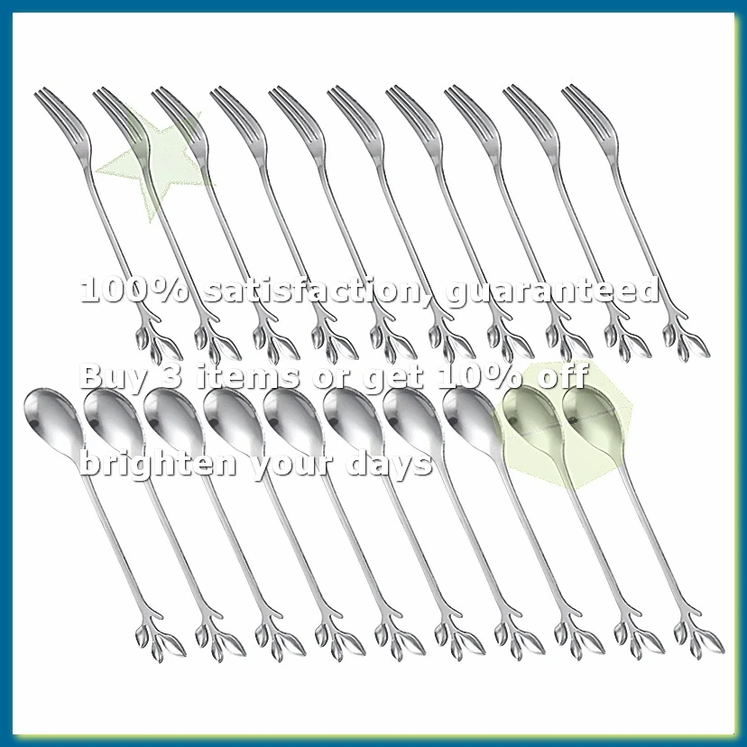 Dessert Spoon Fork Set,20 Pcs 4.7 Inch Cake Fork,Coffee Spoon, Silver Leaf Fruit Fork,(10 Spoon + 10 Fork)