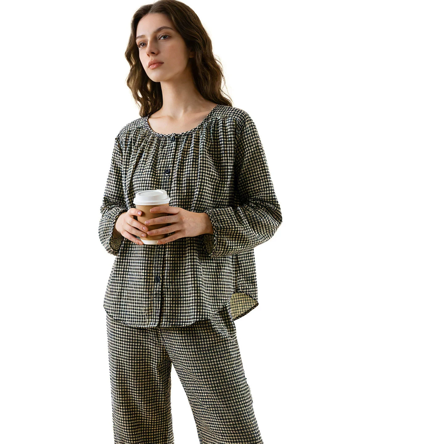 Women's 100% A-Class Cotton Pajama Set Ultra Soft Round Collar Plaid Long Sleeved Pants Loungewear Suit Loose Home Sleep Wear