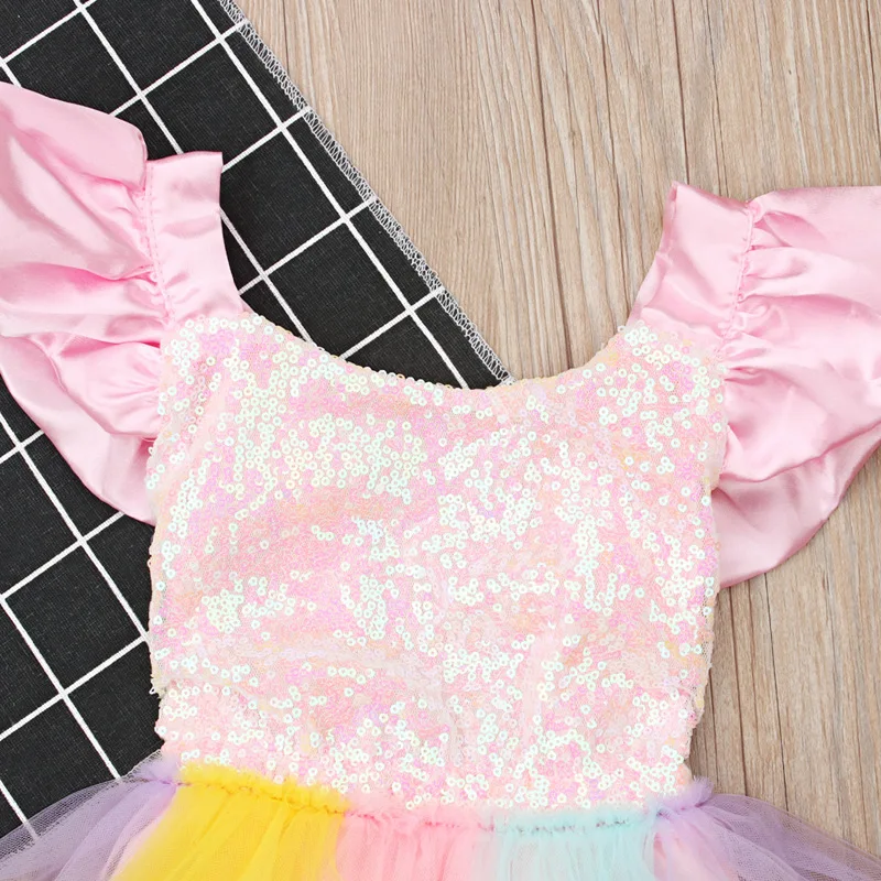 Baby Girl Bodysuit Dress Backless Sleeveless Toddler Outfit 1st Birthday Party Costume Cute Sequin Rainbow Kid Girl Clothes A636