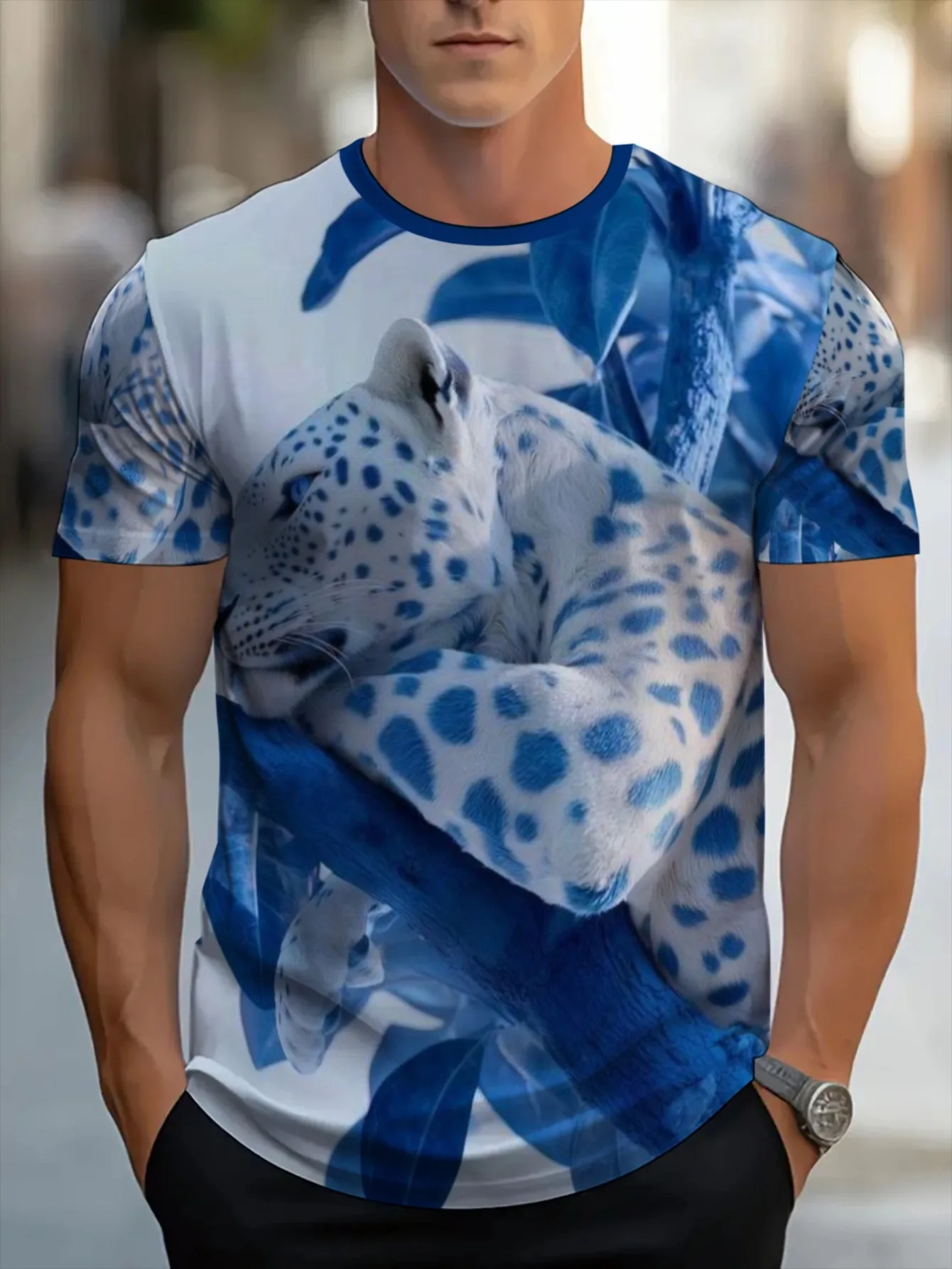 Men Blue Leopard Leaf Print T-shirt O-neck Short Sleeve Lightweight Casual Streetwear Tops