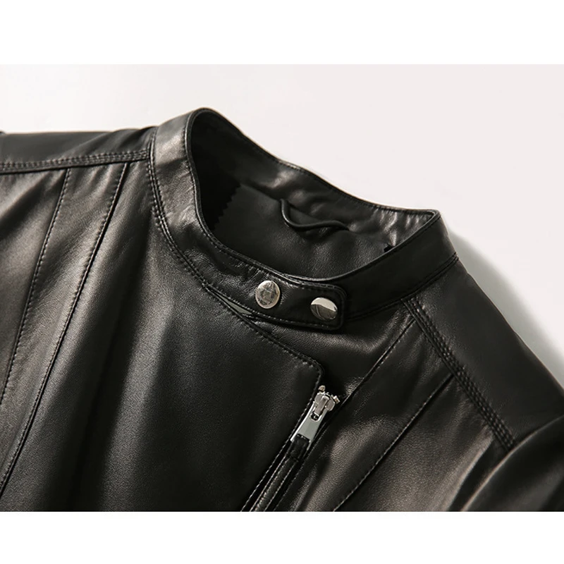 100% Real Leather Jacket Women 2024 Fall Fashion Stand Collar Fit-slim Diagonal zipper Female Black Sheepskin Short Coat Tops