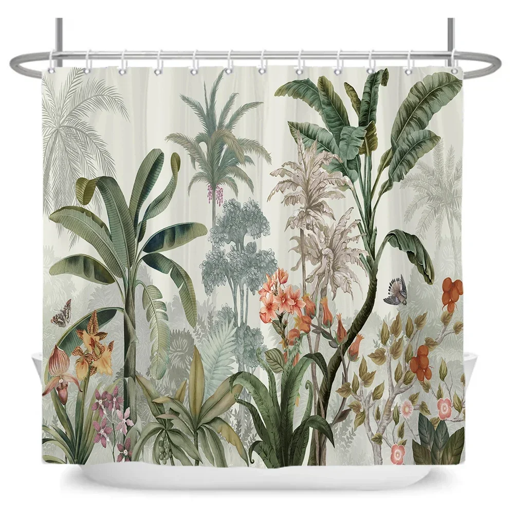 Green Tropical Palm Tree Shower Curtain Leaves Plant Fabric Bathroom Curtain Botanical Jungle Bath Curtain Large Size Wall Cloth