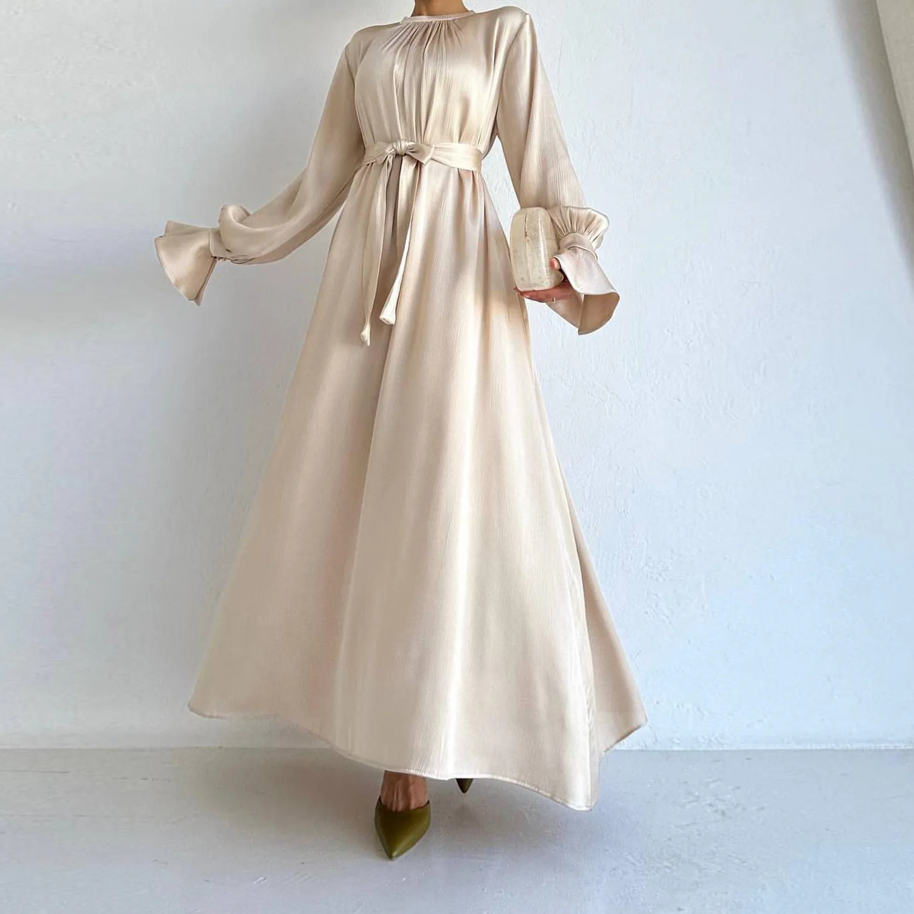 

Hijab Satin Dress Ramadan Muslim Fashion Belted Abaya Dubai Turkey Arabic African Maxi Dresses for Women Islam Clothing Robes