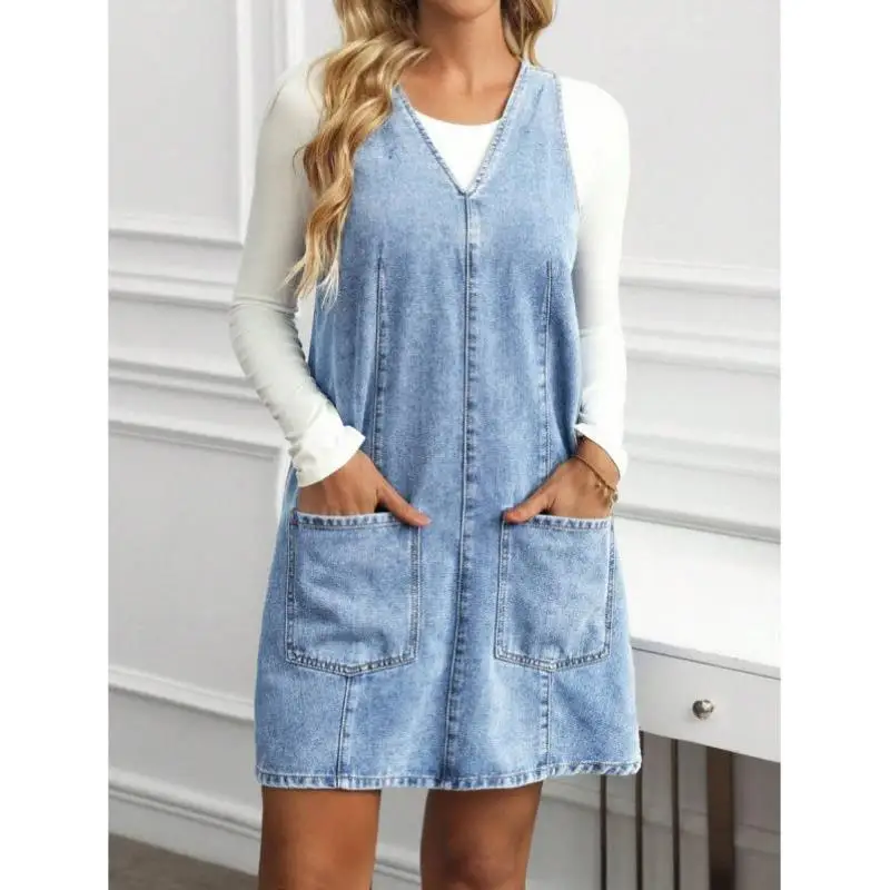 Double couche Denim col Svel Dr femmes décontracté V Ne H Sle jupe ceinturée Ci Walk 00% lin tissu t-shirt Quart...