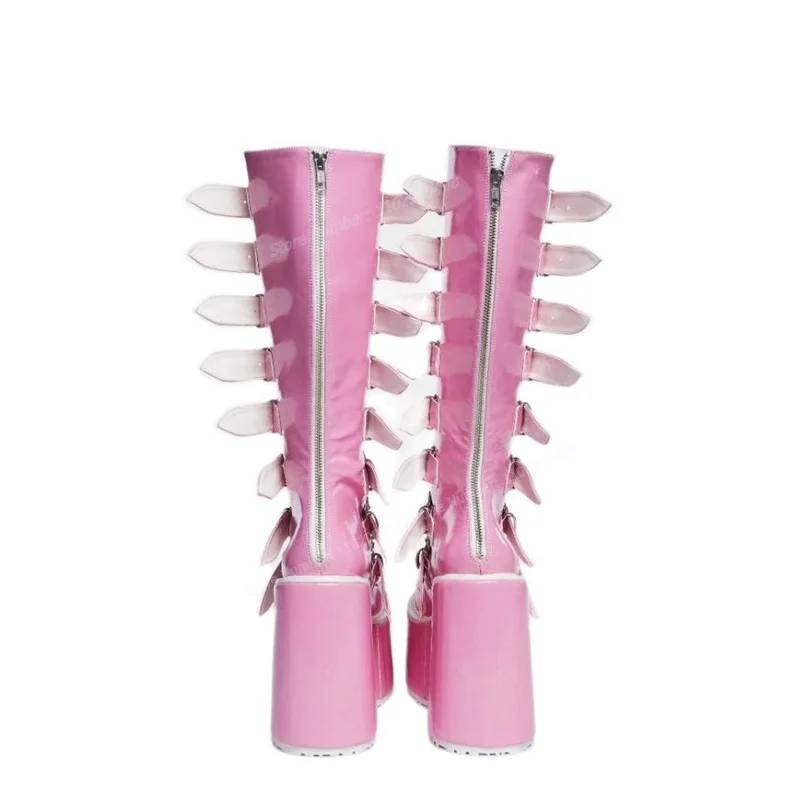 Bottes Hautes Roses à Talons Compensés pour Femme, Chaussures Parker Rondes, Décor à Bretelles, 2023