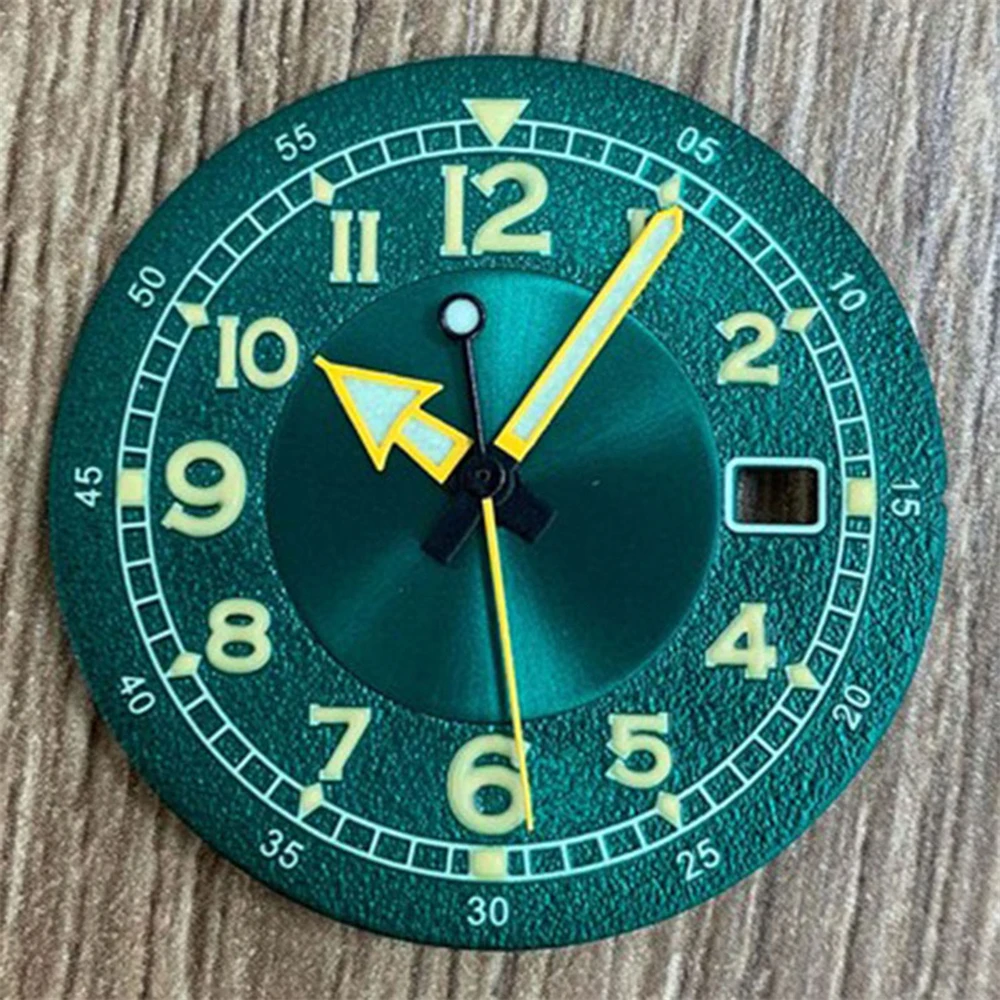 33.5MM Rail Way Dial +Watch Hand Kits Single Calendar Green Luminous Dial for NH35/ NH36/ 4R/ 7S Movement Accessories