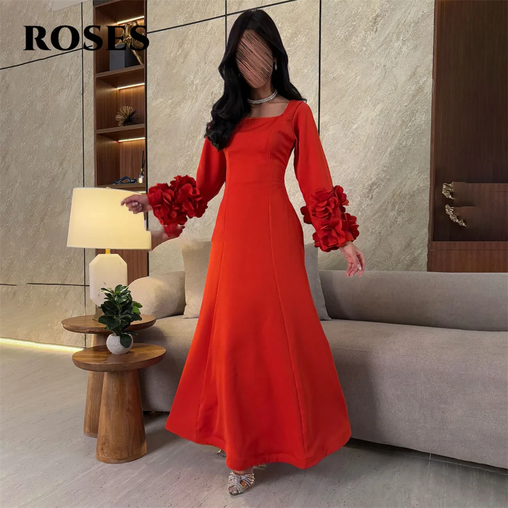 

ROSES Red Soft Stain Elegant Muslim Party Dress Full Sleeve Celebrity Dress 3D Flowers Special Occasion Dresses Customized